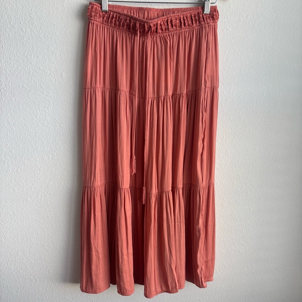 NWT Rachel Zoe Pull On Midi Tiered Skirt with Embroidery Terracotta Tassle Skirt - Picture 2 of 9